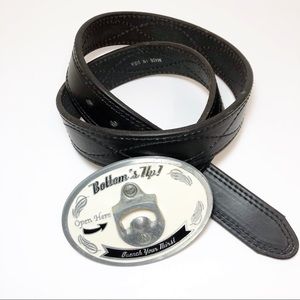 Bottoms Up Belt Buckle and leather stitched belt
